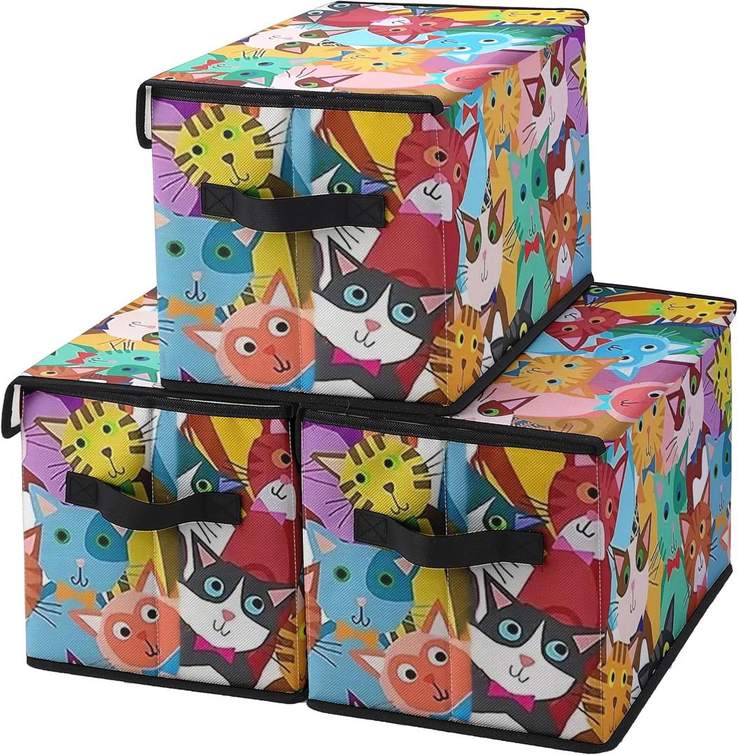Stackable Clothes Storage Bins with Lids,Closet Organizers Fabric Cat Printing Box for Home and Office,Blanket Clothes Organizers,Under Bed Storage Containers 3 Pack.