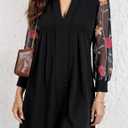 HVT Wedding Guest Floral Dress Long Sheer Mesh Sleeve V Neck MIdi Length Round Collar Shirred Summer Lace Dresses