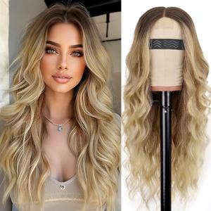 AISI HAIR Blonde Wig for Women, Long Wavy Lace Hairline Blond Synthetic Middle Part Ombre Blonde Wigs for Daily Party-26 Inch