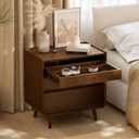 25.43" Walnut Finish Nightstand with Charging Station Night Stand with Leg, 23.62" x 15.75" x 25.43"