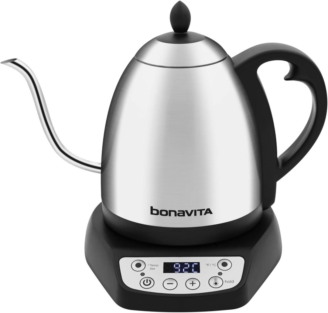 Bonavita 1L Digital Variable Temperature Gooseneck Electric Kettle for Coffee Brew and Tea Precise Pour Control, 6 Preset Temps, Caf or Home Use, 1200 Watt, LED Panel, Stainless Steel (Plastic Black)