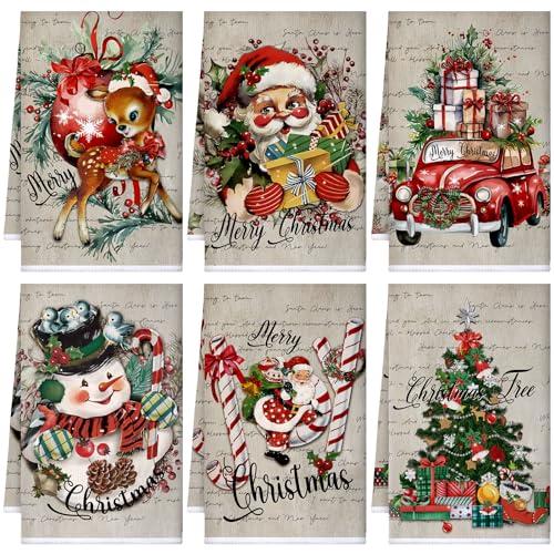 Bencailor 6 Pcs Vintage Christmas Kitchen Towels Christmas Dish Towel Set Absorbent Soft Microfiber Farmhouse Gray Winter Santa Snowman Hand Dishcloths Xmas Gifts Decorations for Kitchen Bathroom
