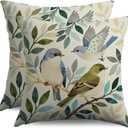 Blue Green Vintage Bird Pillow Covers 18x18 Set of 2, Grey Leaf Print Spring Farmhouse Decorative Throw Pillowcases Outdoor Cushion Cases Rustic Neutral Home Decor for Sofa Couch Bed