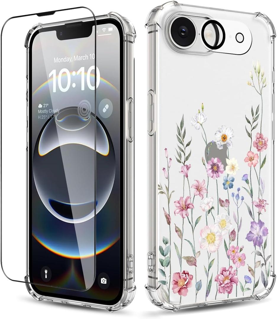 for iPhone 16e Case,[3 in 1] with Screen Protector & Camera Lens Protector, Flower Pattern Design,Clear Soft Shockproof Slim Floral Phone Cover for Women Girls 2025 6.1" (Blooming Flowerets)