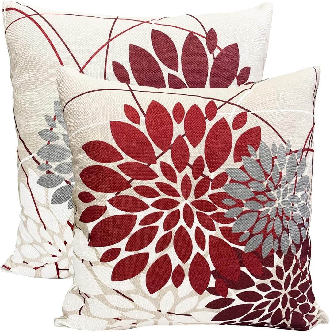Decorative Throw Pillow Covers Set of 2 Wine Red Pillow Covers 16x16 inch Throw Pillows Linen Square Pillow Case,Farmhouse Outdoor Modern Floral Pillow Covers for Couch Sofa Living Room