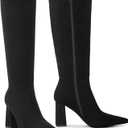 Meolee Knee High Boots for Women Chunky High Heel Long Boots Pointed Toe Leather Boots with Side Zipper (Black)