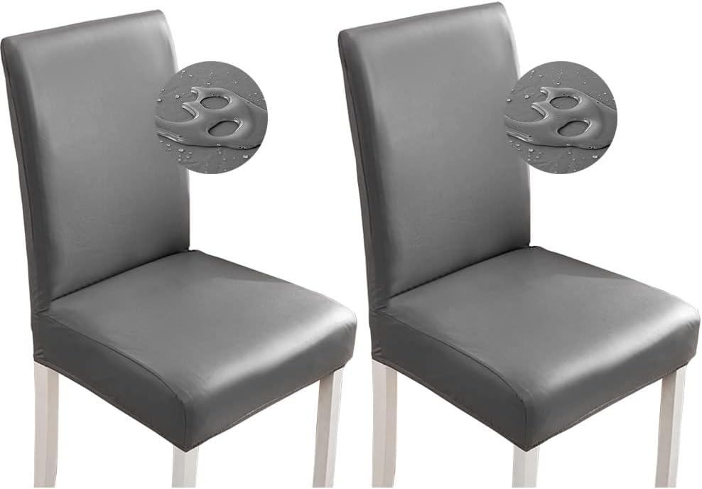 Shukii Stretch Dining Chair Covers Waterproof PU Leather Chair Slipcovers Chair Protector Cover Universal Chair Covers for Dining Room Kitchen Hotel (Set of 2, Gray) (Grey)