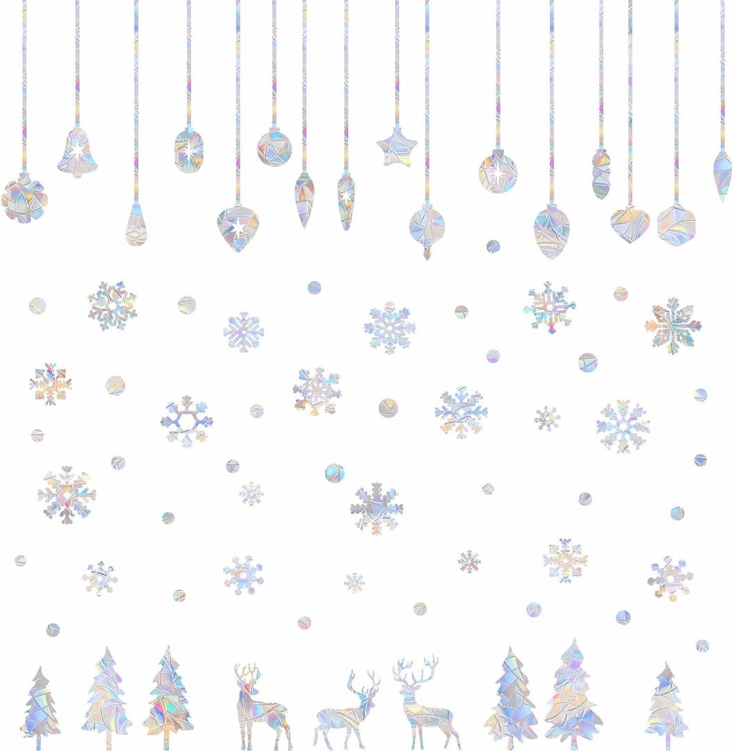Christmas Window Clings Snowflake Bell Static Cling Xmas Deer Pine Tree Window Decals Winter Snow Prismatic Vinyl Stickers Anti-Collision Window Stickers for Bird Strikes Suncatcher Stickers