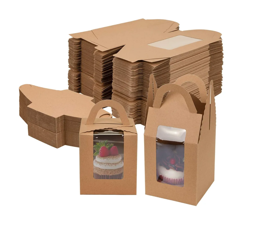 Jucoan 100 Pack Cupcake Box, Kraft Paper Individual Cupcake Container with Window and Handles, Bulk Single Cupcake Packaging Box for Muffin, Cocoa Bomb, Party Favor Pastry Treat Boxes