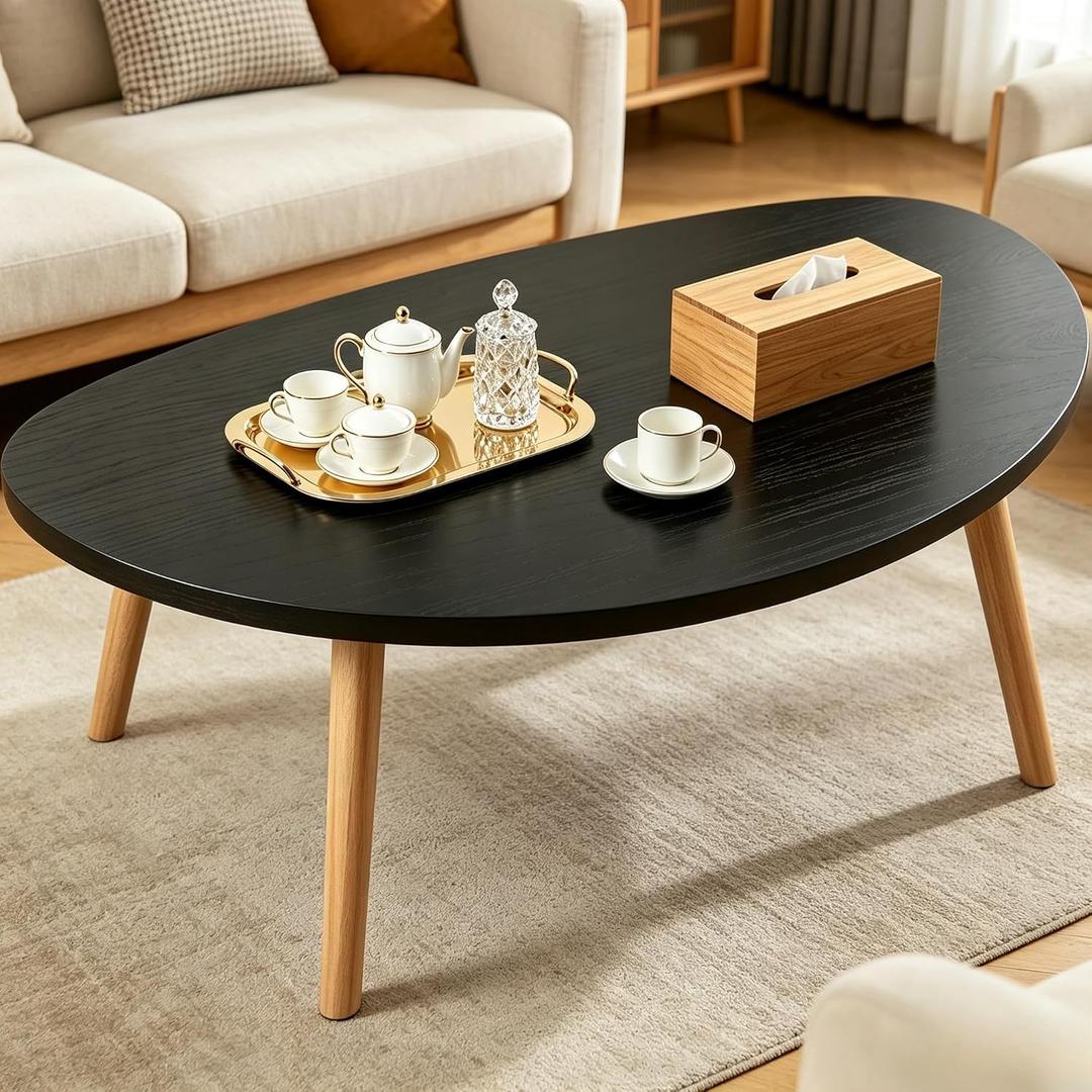 Coffee Table Low Table with Solid Wood Legs, 31.5x19.7 Large Coffee Table Side Table, Floor Table Desk for Sitting on The Floor, Living Room Furniture for Office Apartment Home, Pebble-Black, 31.5 x 19.7 x 16.3 inches