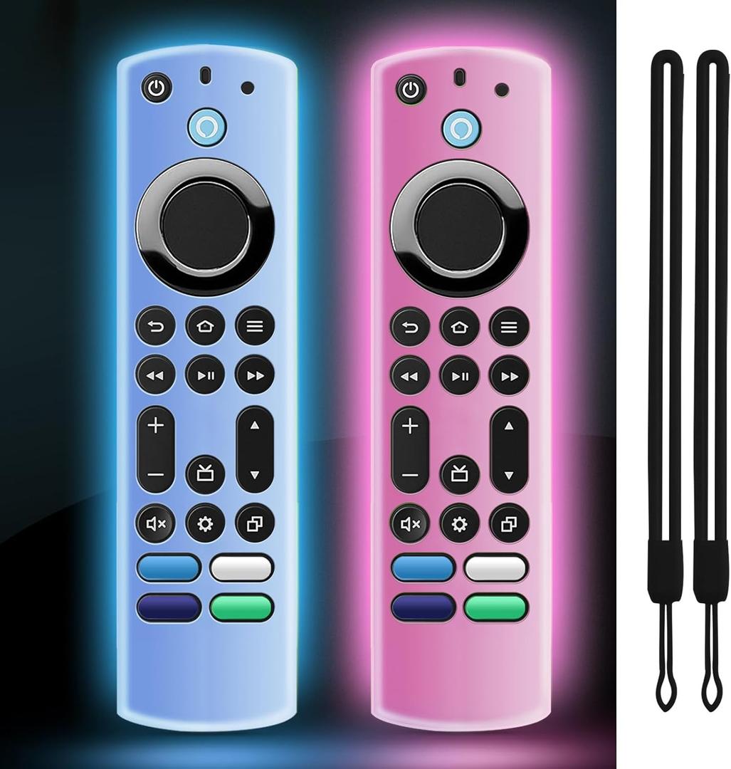 (2 Pack) ONEBOM Silicone TV Remote Cover, (6.2 Inch*1.5 Inch) Glow in The Dark, Anti Slip Silicone Protective Case with Lanyard(Glow Blue&Glow Pink)