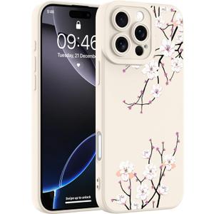 Designed for iPhone 16 Pro Case, Cute Cherry Blossom Flower Floral Pattern Design, Slim Soft TPU Liquid Silicone Protective Cover for Women Girls - White