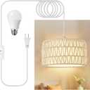 Plug in Pendant Light, Rattan Hanging Lights with Plug in Cord, Woven & Fabric 2 in 1 LampShade, Hanging Lamp Plug in for Bedroom Living Room Kitchen Island-Cream (Bulb Included)