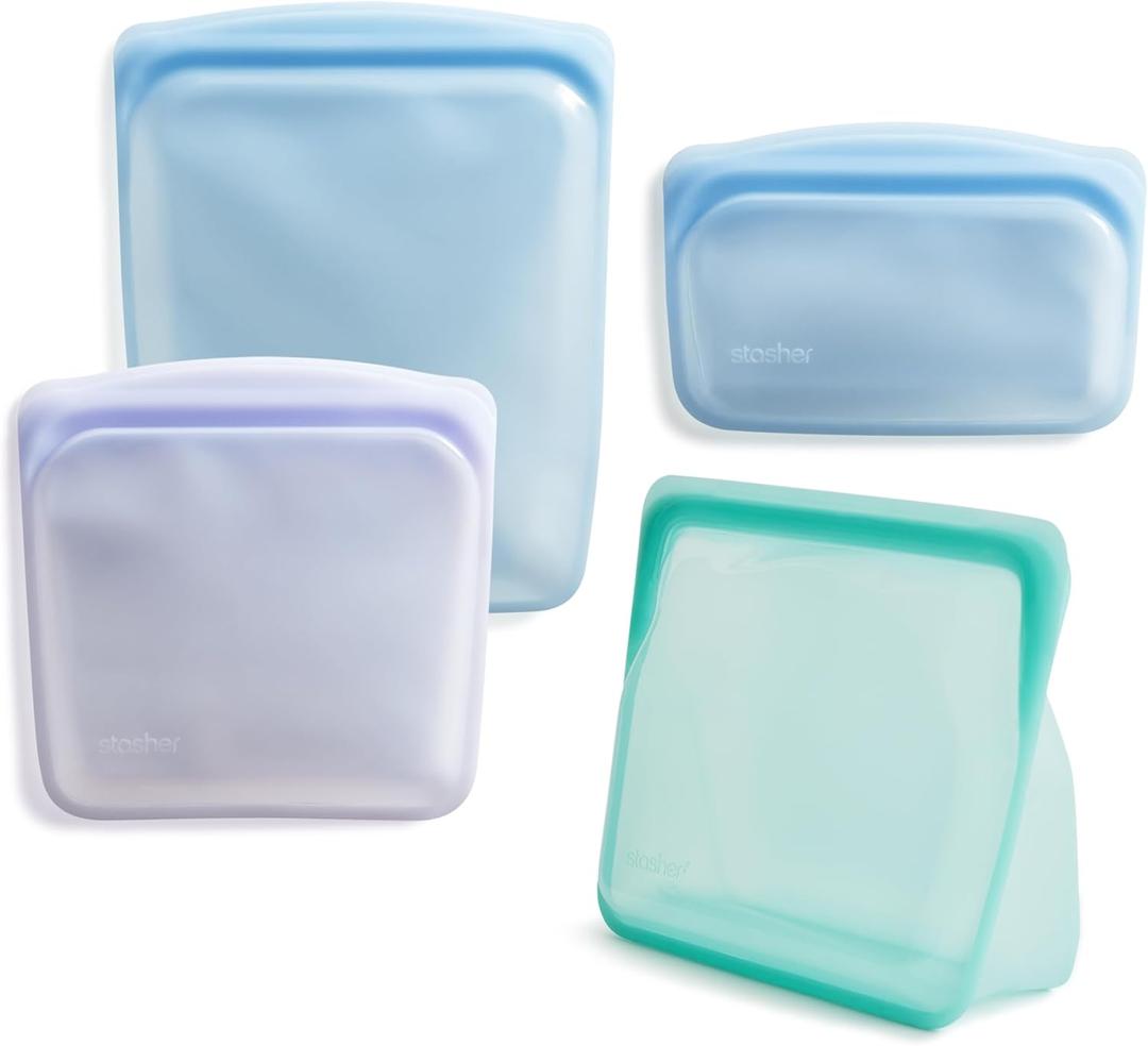 Stasher Silicone Reusable Storage Bags, 4-Pack, Reusable Freezer Bags, Microwave, Dishwasher, Oven Safe, Sous Vide, Premium Lunch Containers, Eco Friendly, Food Storage Bags, Snack Bags, Multicolor