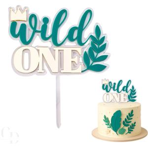 Wild One Acrylic Cake Topper, Double Layer Design Clear and Green with Gold Letters, 6.2 x 5.5 Inch