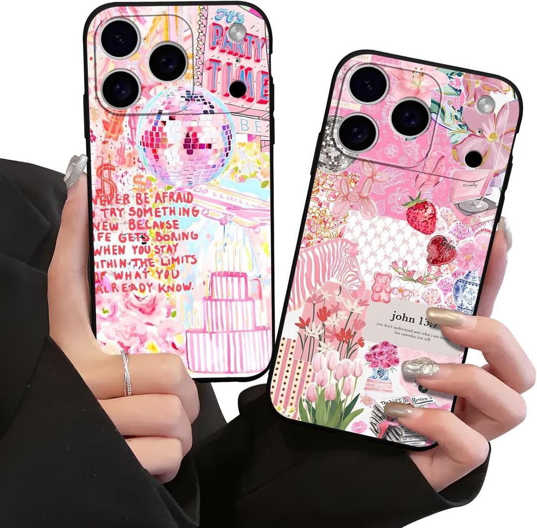 3 x 2 Pack Preppy Collage Phone Case for iPhone 17 Pro,Cute Flower Aesthetic Floral Cases Cool Y2K Strawberry Pattern Cover for Women Girls,Black Slim Protection Funda for iPhone 17 Pro 6.3 Inch