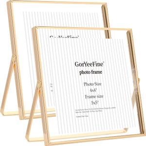 Gold 5x5'' Floating Frame Set of 2,For Photo Sizes(4x4'' or 3x3''),Beautiful Metal Beaded Frames Adjustable Tabletop/Shelf Photo Frame,Classy Gift Choice for Wedding,Birthday or Christmas Gift