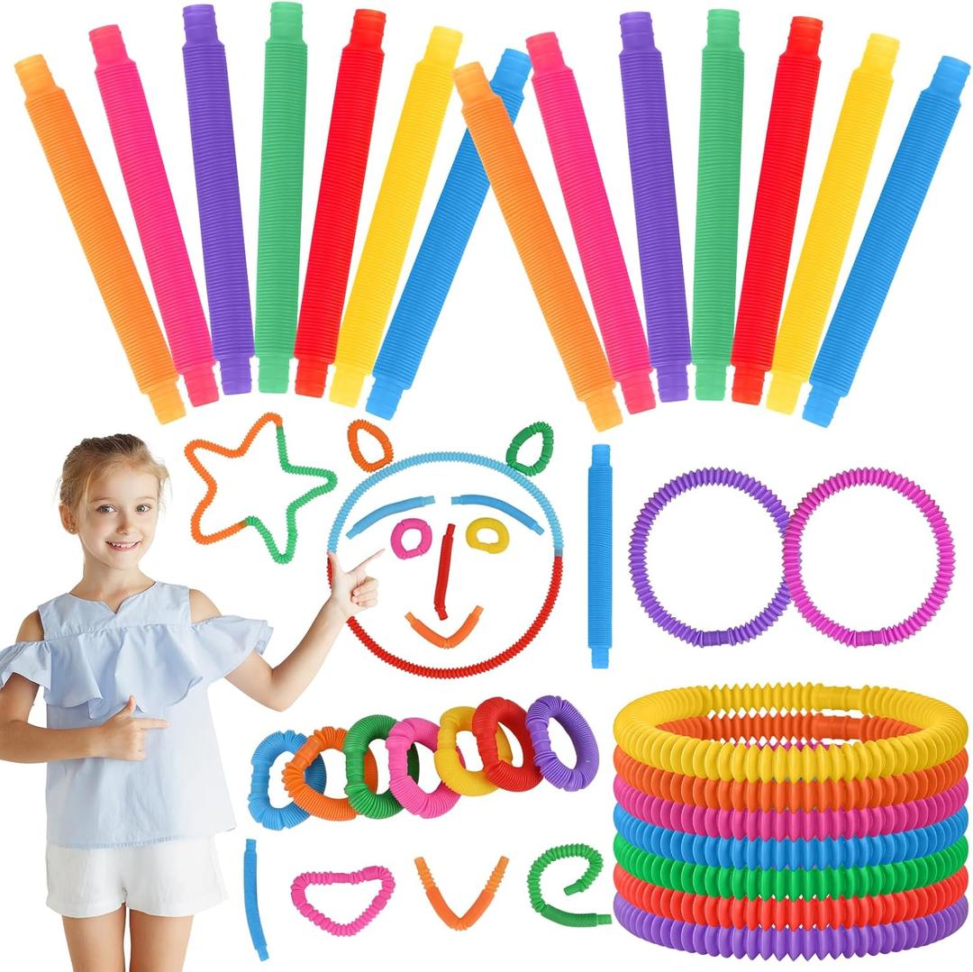 GOLDGE 100 Pack Fidget Sensory Toy Mini Pop-Tubes, Perfect for Kids 4-12, Anxiety & Stress Relief, Birthday Gifts, Party Favors, Goodie Bag Fillers, Treasure Box Prizes, Boys & Girls Toys