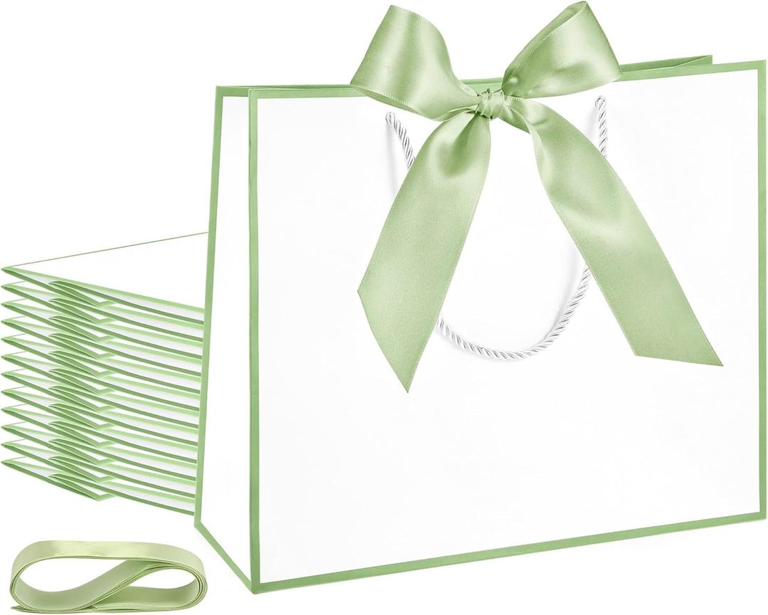 Silkfly Thank You Gift Bags with Handle 12x10x4'' Welcome Return Gifts Bag with Bow Ribbon for Wedding Bridesmaid Baby Shower Birthday Housewarming Employee Appreciation Day(White, Sage Green,12 Pcs)