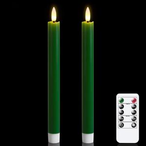 GenSwin Flameless Taper Candles Flickering with 10-Key Remote, Battery Operated Led 3D Wick Light Window Candles Real Wax, Christmas Home Wedding Decor(Green, 0.78 X 9.64 Inch)