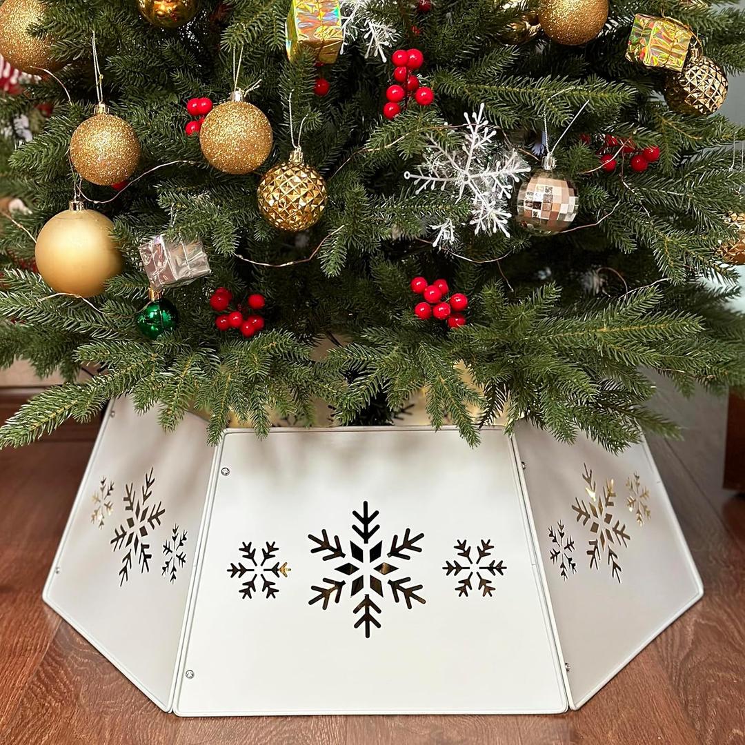 WKHOMEDECO 28" Cutout Snowflake Christmas Tree Collar, Metal Christmas Tree Collars for Artificial Trees, Beautiful Tree Collar for Pencil Tree Decorates Your Holiday (White)