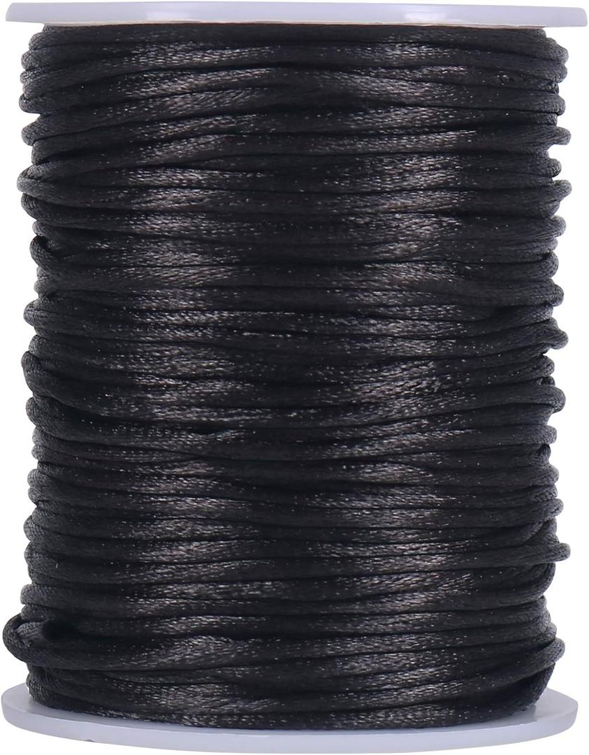 Tenn Well Nylon Satin Cord, 295 Feet 2mm Black Silky Rattail Cord Necklace String for Jewelry Making, Bracelets, Necklaces, Lanyards, Keychains, Beading