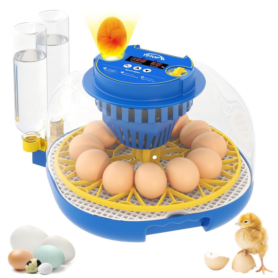 Chicken Egg Incubators for Hatching Eggs, 12 Egg Incubator with Automatic Egg Turning and Humidity Control Chicken Incubators for Hatching Eggs with 360 View/Candler/Water Bottle Refill/Air Vent