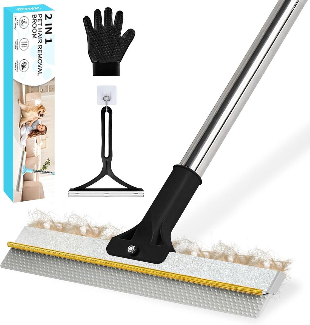 Carpet Rake for Pet Hair Removal - Upgraded 2-in-1 Carpet Broom with Copper Scraper & TPU Brush, 54 Adjustable Long Handle Reusable Cat Dog Hair Remover Tool for Deep Cleaning Rugs, Mats (Black)