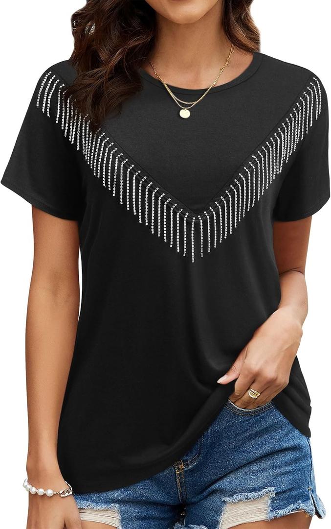 Womens Sparkly Rhinestone Fringe Tshirts Western Glitter Tassel Country Concert Outfits Sparkle Disco Cowgirl Tops, M