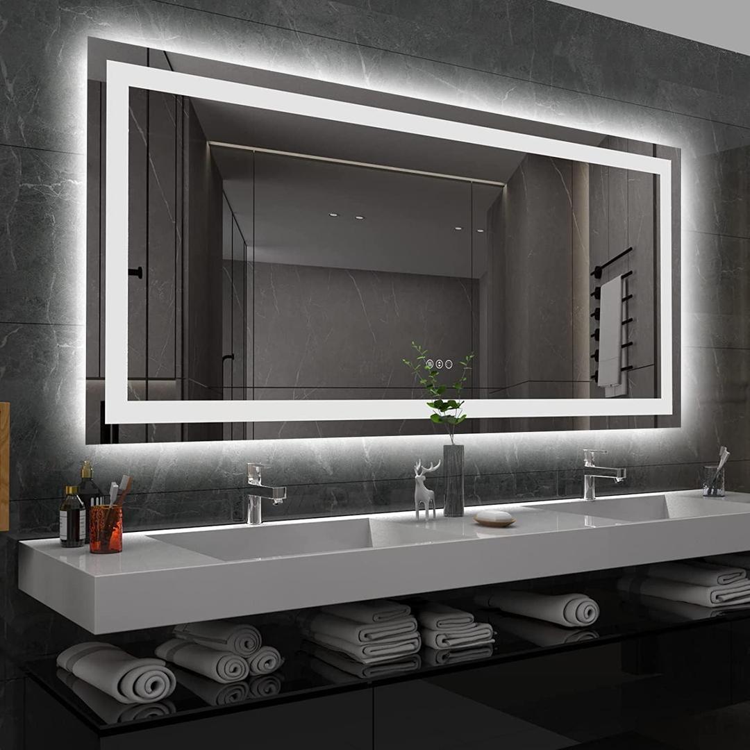 Amorho LED Bathroom Mirror 60'' X36'' with Front and Backlight, Large Dimmable Wall Mirrors with Anti-Fog, Shatter-Proof, Memory, 3 Colors, Double LED Vanity Mirror