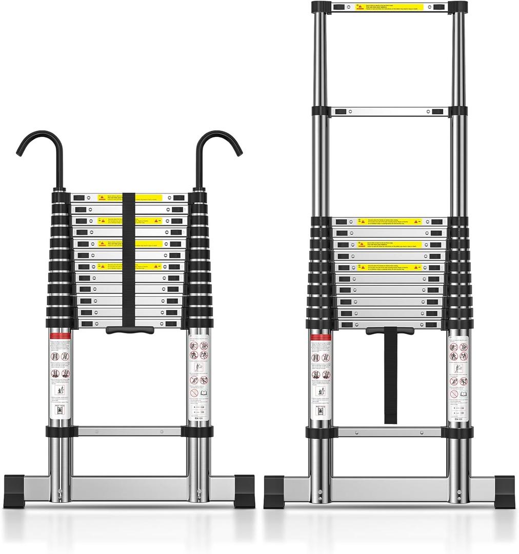 TECKNET Telescoping Ladder, 12.5 FT Aluminum Extension Ladder with Stabilizer Bar, Non-Slip Feet & Detachable Hook, 330lbs Capacity, Multi-Purpose Portable Step Ladders for Home, RV, Loft, Library