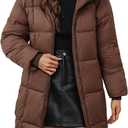 Women's Hooded Long Puffer Coat Winter Warm Full Zip Lightweight Quilted Jacket with Pockets(Brown,2XL)