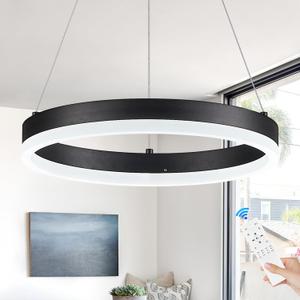 Benkut LED Ring Chandelier Modern Black for Dining Room, Circular Flush Mount Ceiling Chandelier Light Dimmable Pendant Light with Remote Control for Kitchen Island Living Room(D12in 3000K-6500K)