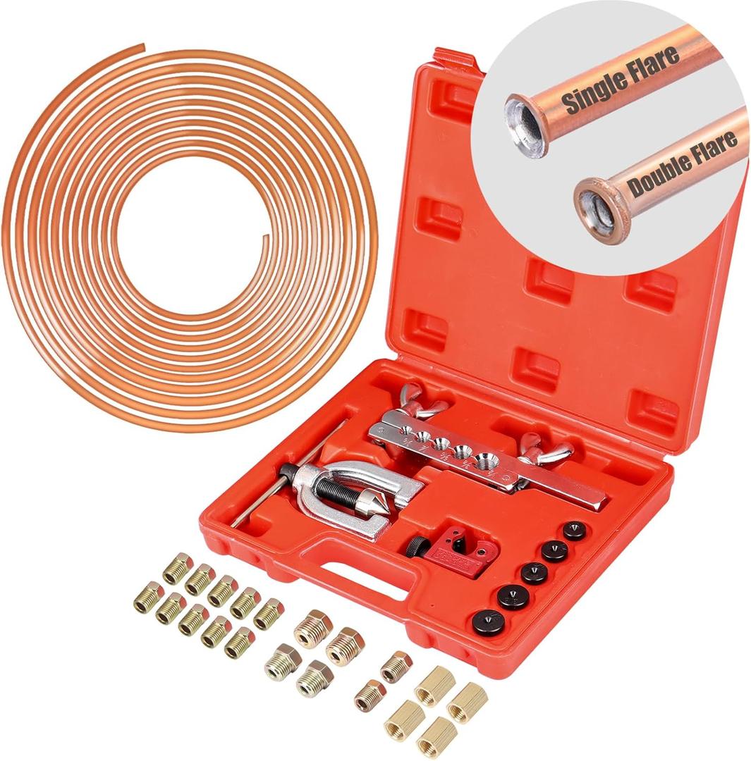 Brake Line Kit, 3/16" Brake Line Flaring Tool Kit, Copper Coated Brake Line (With 16 Fittings and 4 Threads Unions) and Double & Single Flare Tool (With Tube Cutter And 5 Adapters)