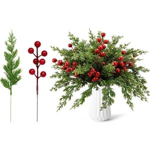 45PCS Artificial Christmas Greenery Faux Pine Branches with Red Berry Stems Fake Greenery Pine Picks Christmas Pine Needles for Christmas Tree Wreath Garland DIY Crafts Holiday Home Decoration