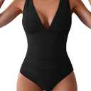 Eomenie One Piece Swimsuit for Women Tummy Control Plunge V Neck Bathing Suit Slimming Wide Straps Swimwear (Large, Black)