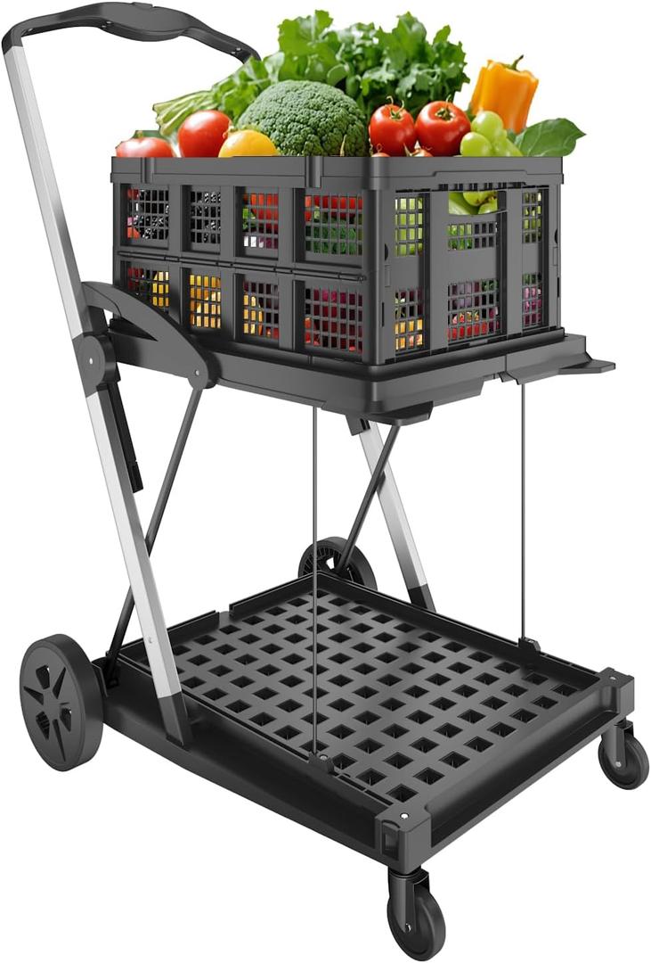 Collapsible Shopping Cart with Wheels | Portable Folding Shopping Carts | Collapsible Grocery Cart with Storage Crate | Utility Cart for Groceries, Warehouse,Supermarket. Black