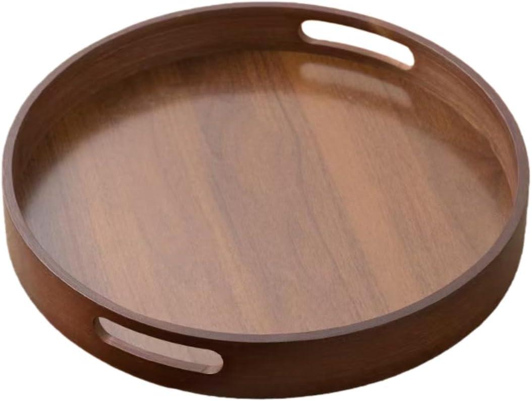 Rustic Wood Serving Tray with Handles - 11.8" Round, Decorative Tray for Kitchen Living Room Coffee Table Candle Display Breakfast in Bed, Multi-Functional Food & Beverage Wooden Tray, Farmhouse Style