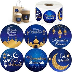 600 Pieces Ramadan Stickers Eid Mubarak Stickers Ramadan Kareem Stickers Ramadan Kareem Labels for Eid Party Decorations Ramadan Party Supplies (Blue, Gold, Vivid Style)