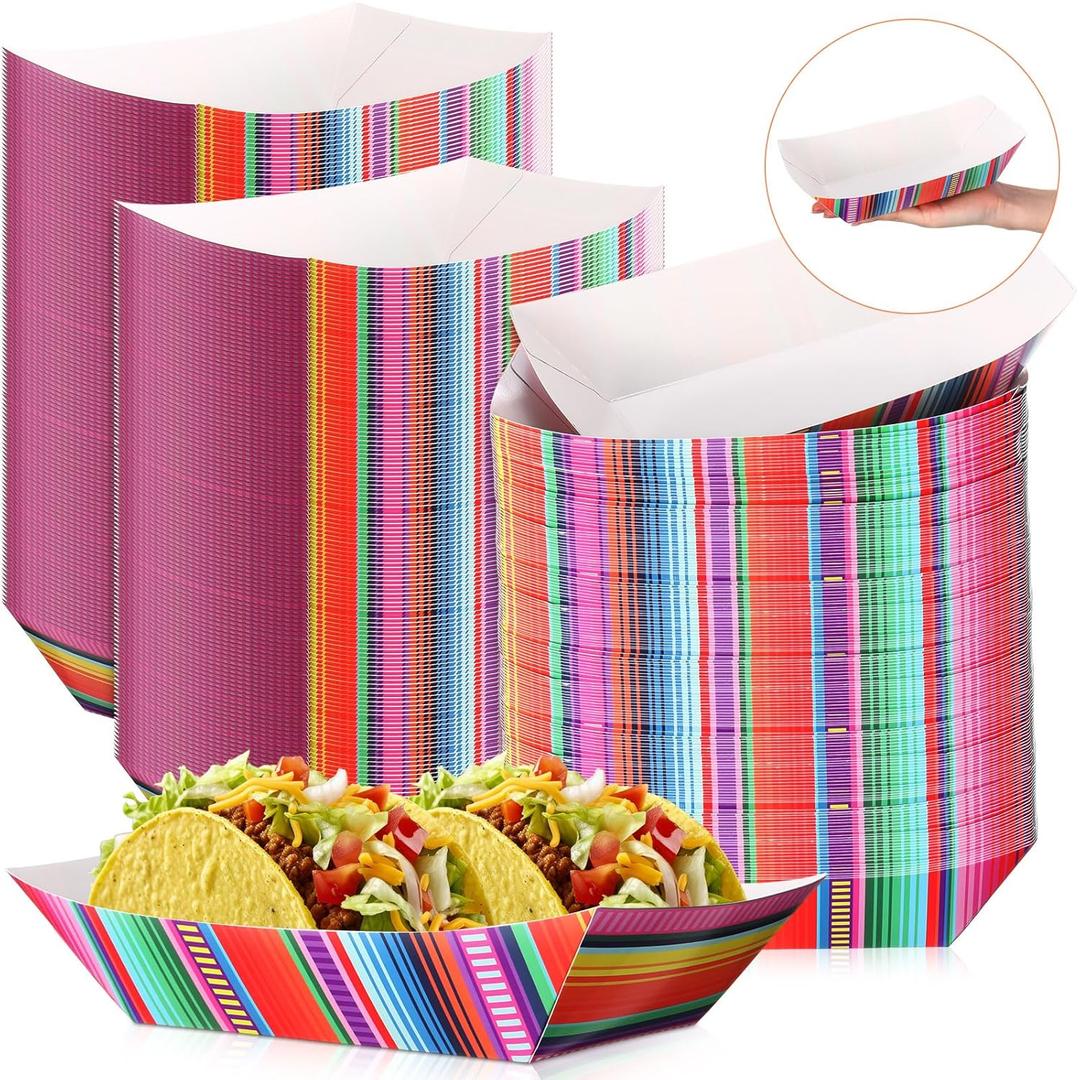 100 Pcs Mexican Nacho Trays Disposable Food Trays Fiesta Party Decorations Assembled Paper Snack Trays Taco Boats for Candy Hot Dog Cinco De Mayo Birthday Mexican Party Supplies (3 lb)
