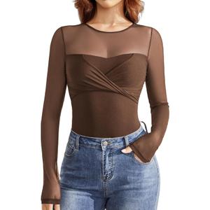 Avidlove Bodysuits for Women Long Sleeve Crew Neck Body Suit One Piece Sheer Leotard Twist Knot Going Out Tops (Medium, Brown)