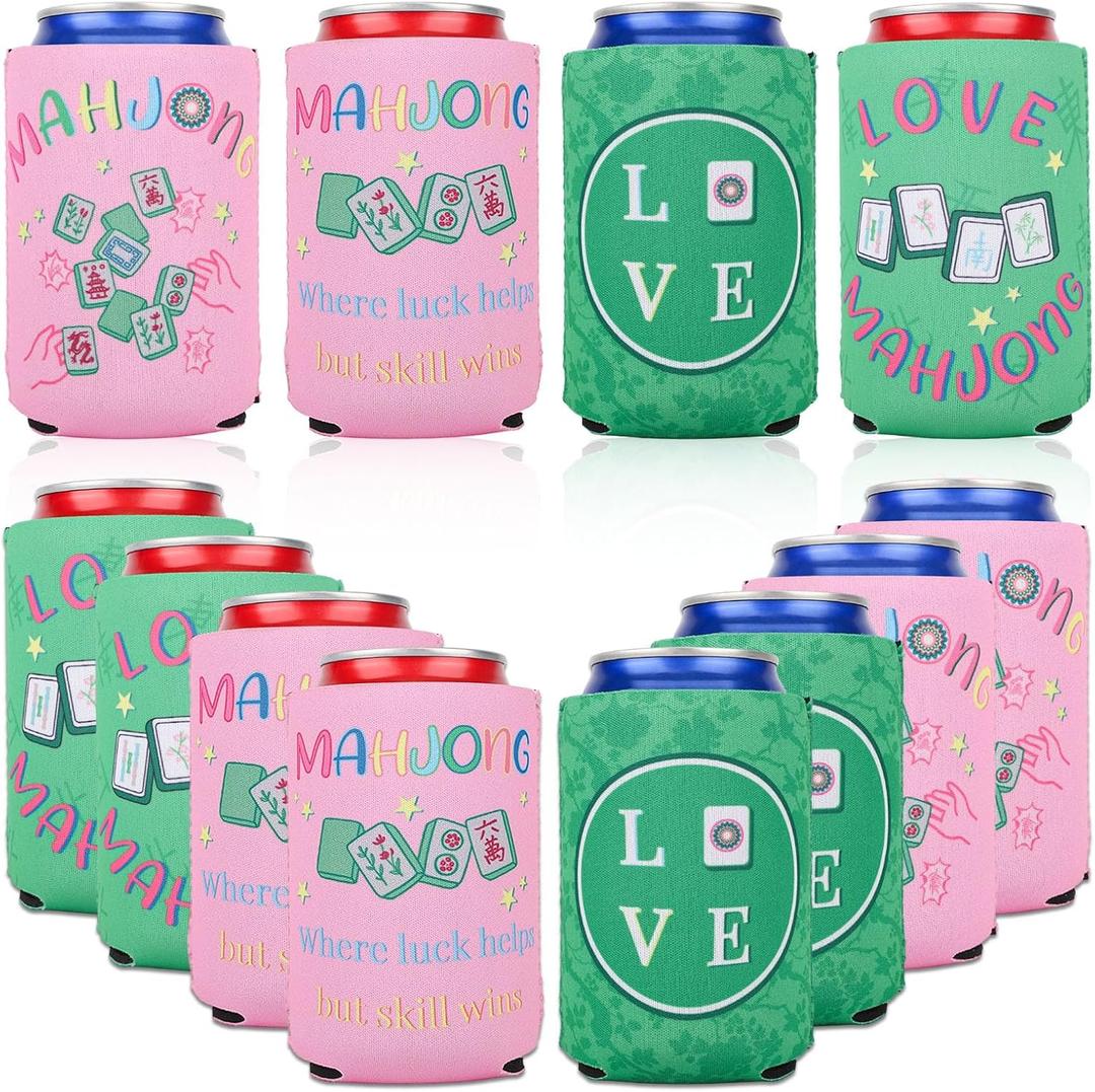 12pcs Mahjong Party Can Coolers, Neoprene Pink and Green Can Sleeve Holder Mahjong Gifts Party Decorations Supplies for Soda Beverage