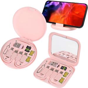 evron USB Adapter Multi Charging Cable Case 2pc Set,Micro USB Cable Gadgets Box with Phone Kickstand,USB C to Micro,Type C to iOS Device,Data Transfer,Card Storage,SIM Card Pin (Pink(Disc+Mirror))