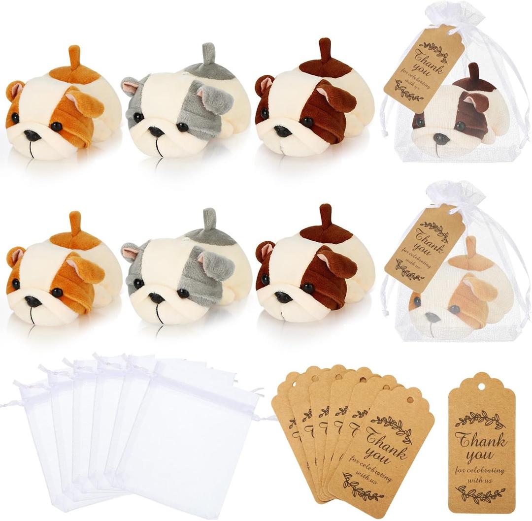 Meooeck 18 Pcs Dog Party Favors Include 6 Pcs 4.72 Inch Puppy Stuffed Animal Mini Plush Gifts, Thank You Tags and Organza Bags for Adopt a Puppy Party Birthday Kids Baby Shower Decoration Supplies