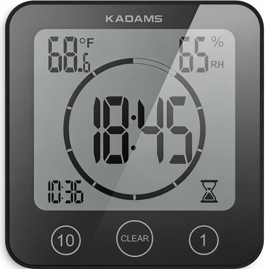 KADAMS Shower Clock Waterproof Bathroom Timer Digital Wall Clock with Countdown, Magnetic Kitchen Clock with Temperature & Humidity, Suction Cup for Kids Shower Spa Cook Bath (Black)