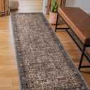 RYB HOME Washable Round Area Rug 5ft for Living Room, Floral Pattern Vintage Boho Rug for Bedroom, Soft Faux Wool Non Shedding Carpet for Dining Room Office Guest Room, Brown