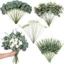 110 Pcs 7 Kinds Mixed Artificial Eucalyptus Stems and Faux Flowers,Fake Silver Dollar Eucalyptus Leaves Stems Bulk Real Touch Leaf Branches for DIY Bouquets Floral Arrangement Wedding Home Decor
