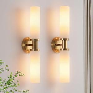 Wall Sconces Set of Two, Brass Gold Bathroom Sconces Wall Lighting with White Glass, Modern Sconces Wall Decor Set of 2 Wall Light fixtures for Bathroom Mirror Living Room Hallway Bedroom Wall Lamp