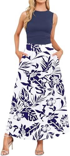 AUSELILY Womens Maxi Dress 2025 Summer Sleeveless Casual Slim Flowy Pleated Long Dresses with Pockets (Small, Blue)