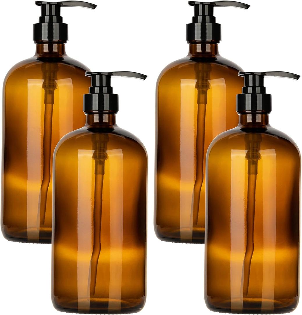 32 Ounce Glass Pump Dispenser Bottle, Large Amber Container with Pump for Shower and Bath Shampoo Soap Conditioner Lotion - 1 Liter - by Kitchentoolz (Pack of 4)